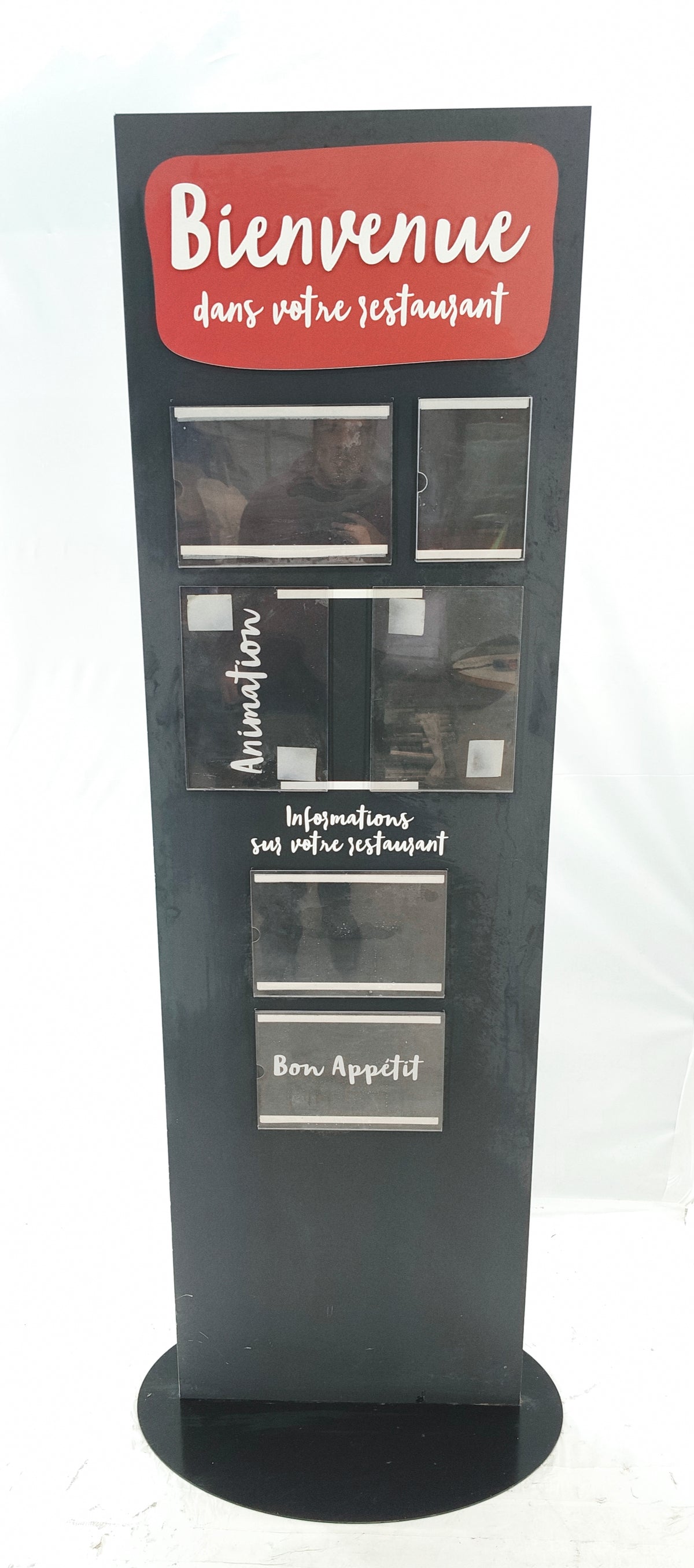 Totem / présentoir d'affichage sur pied 202 cm – cadre noir et porte-documents – Bon état