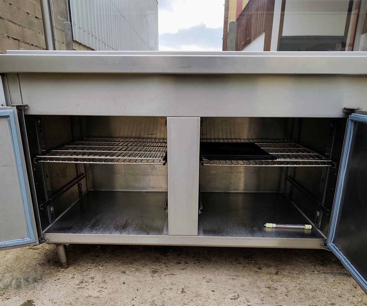 Meuble de self-service réfrigéré 198 cm – Vauconsant – bac réfrigéré, pare-haleine et soubassement 2 portes – Bon état