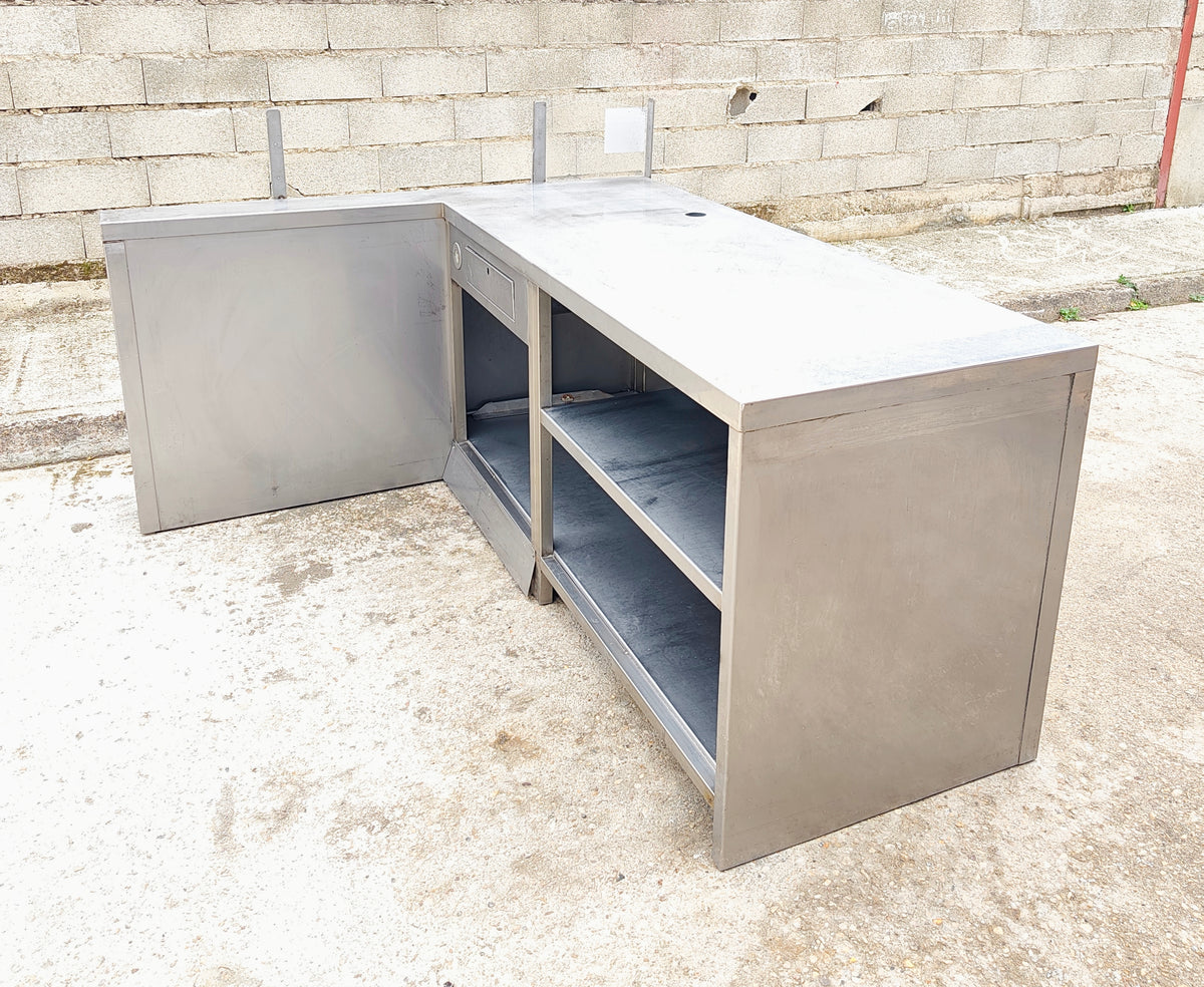 Comptoir de caisse inox d'angle 191 cm – tiroir-caisse et étagères – self / restauration – Bon état