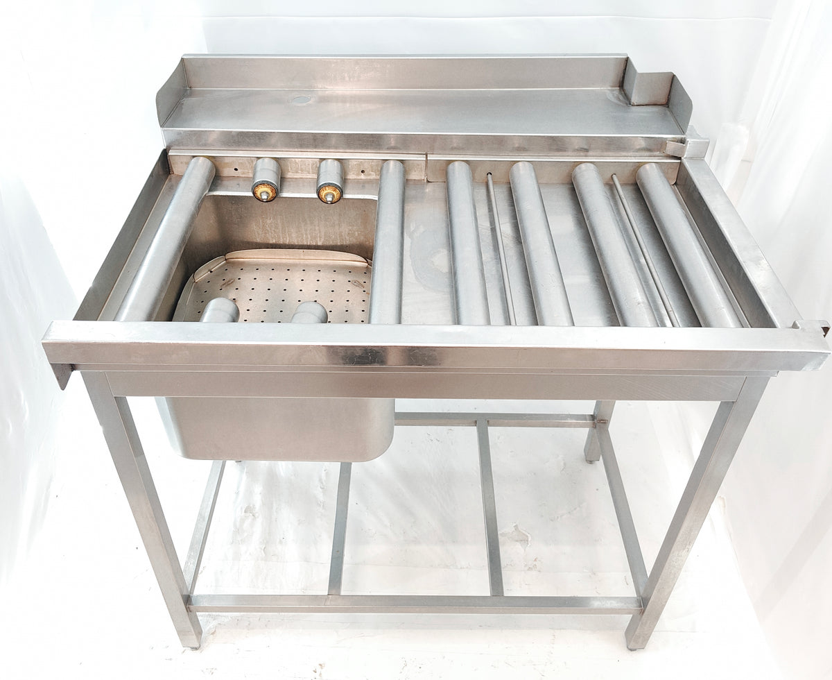 Table de prélavage inox à rouleaux avec bac et douchette – entrée de lave-vaisselle 102 cm – Bon état