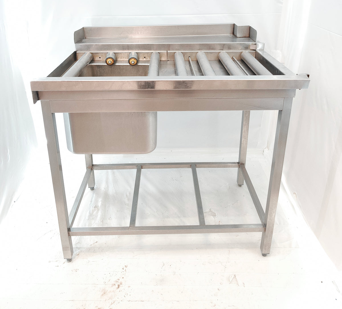 Table de prélavage inox à rouleaux avec bac et douchette – entrée de lave-vaisselle 102 cm – Bon état