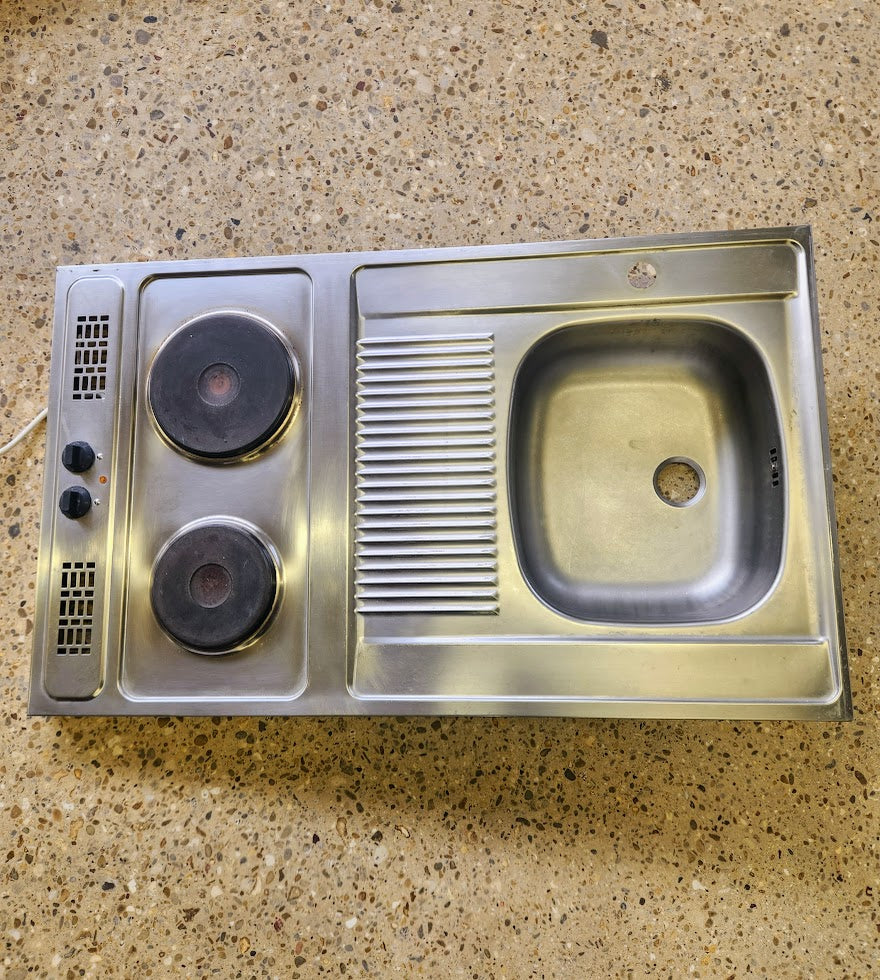 Kitchenette inox avec évier + 2 plaques électriques – Bon état