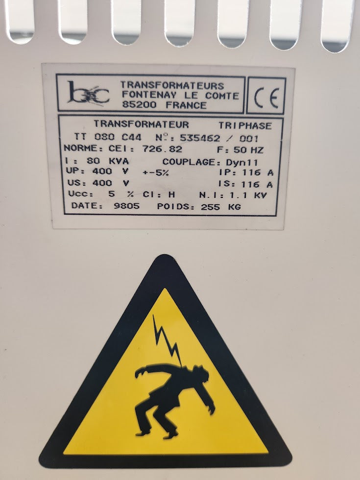 Transformateur triphasé 80 kVA – 400/400 V – BC Transformateurs – Occasion