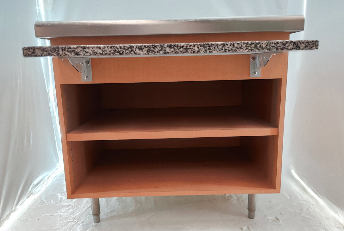 Module de self-service neutre 100 cm – plan inox, glissière plateaux granit et étagères – Bon état