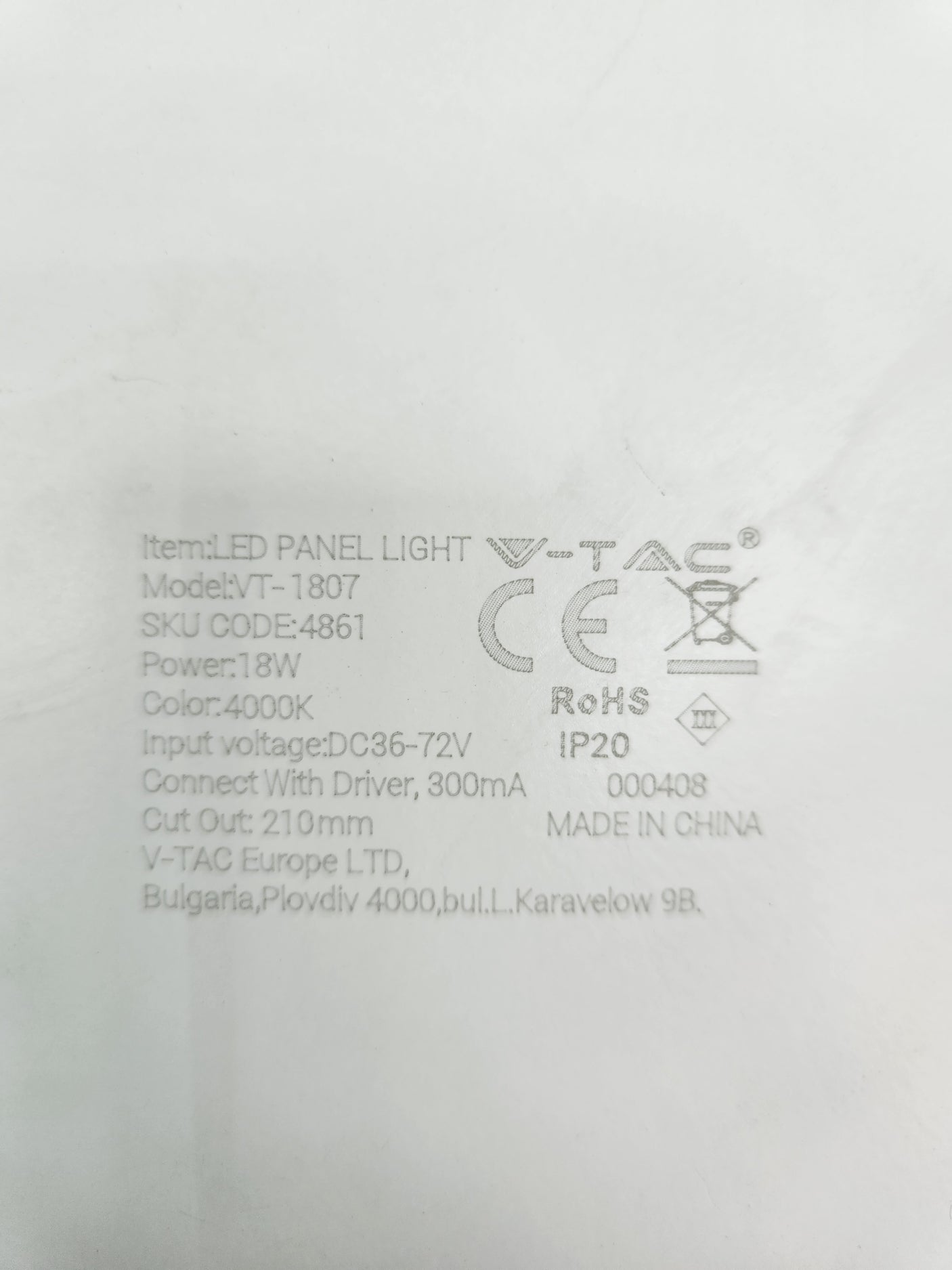 Panneau LED encastrable V-TAC 18W – 4000K avec driver