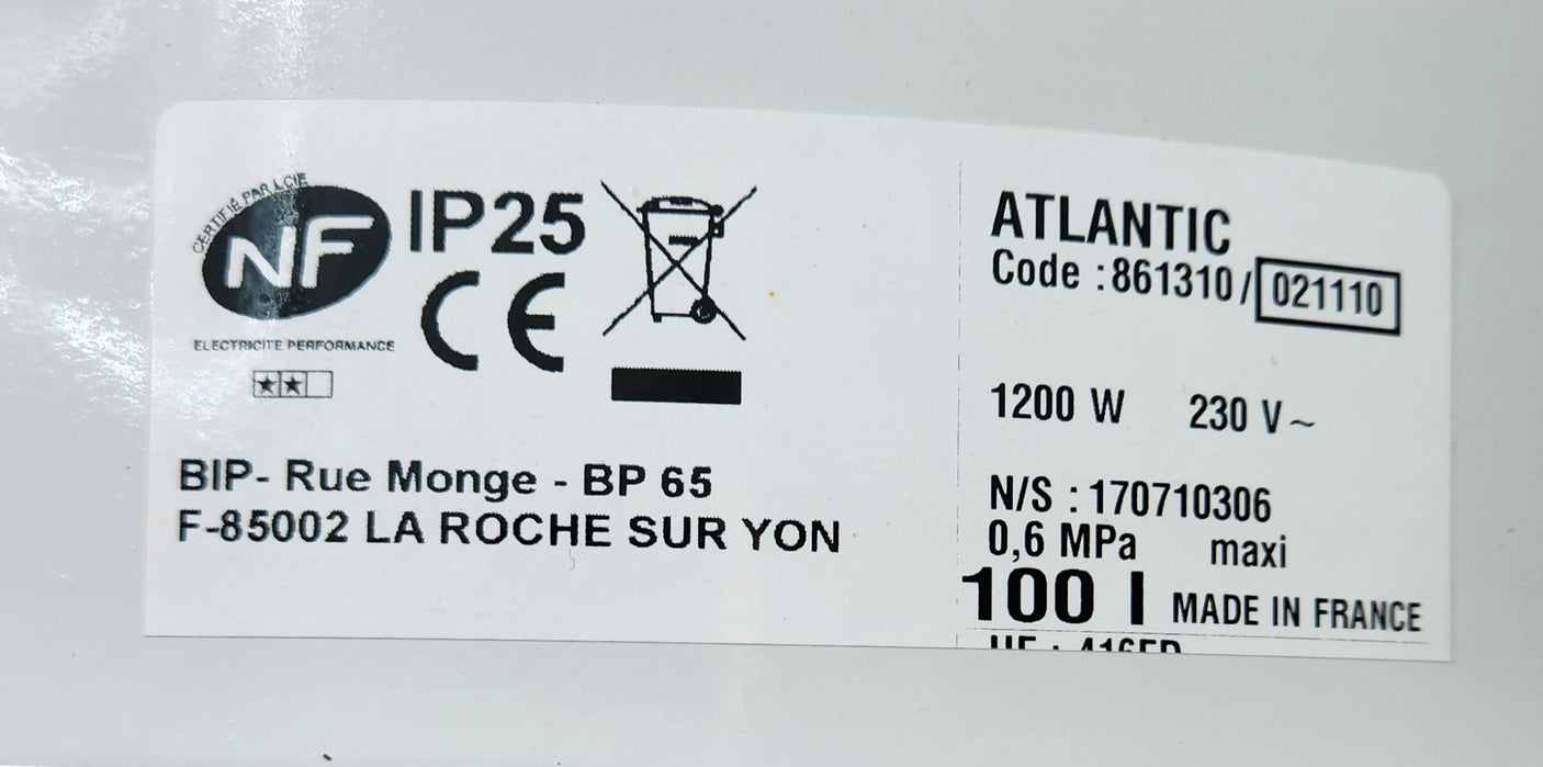 Chauffe-eau Atlantic 100L horizontal – bon état