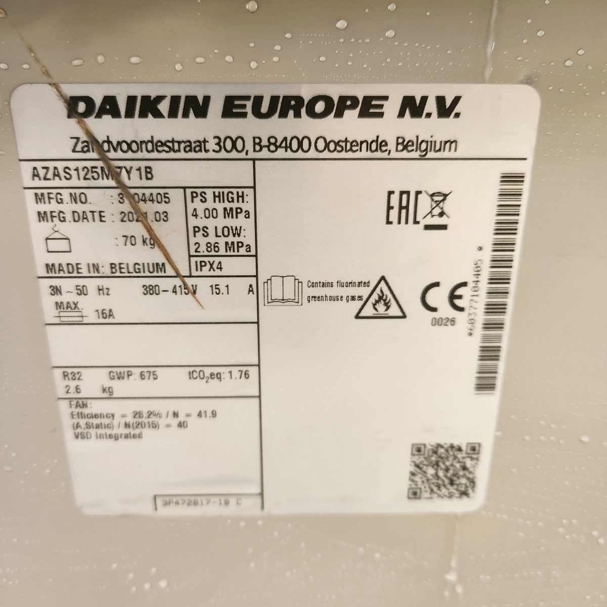 Groupe extérieur de climatisation réversible Daikin Sky Air Active 12,5 kW – AZAS125MY1B – R32, triphasé, 2021 – Vendu seul – Très bon état