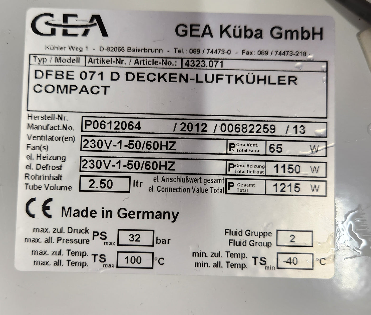 Évaporateur plafonnier chambre froide GEA Küba DFBE 071 D - Bon état