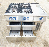 Fourneau gaz 4 feux + plaque à snacker – Electrolux – sur soubassement réfrigéré 4 tiroirs Coreco – 120 cm – Bon état