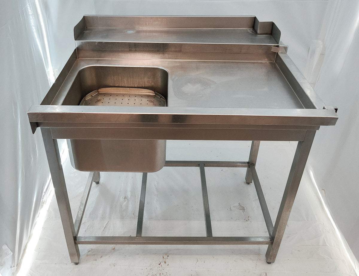 Table de prélavage inox à rouleaux avec bac et douchette – entrée de lave-vaisselle 102 cm – Bon état