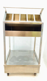 Borne de distribution couverts et plateaux inox – sur roulettes – self-service – Bon état