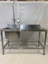 Plonge inox 1 bac + égouttoir 140 cm avec douchette de prélavage – Bon état