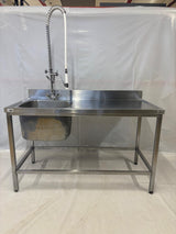 Plonge inox 1 bac + égouttoir 140 cm avec douchette de prélavage – Bon état