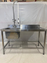 Plonge inox 1 bac + égouttoir 140 cm avec douchette de prélavage – Bon état