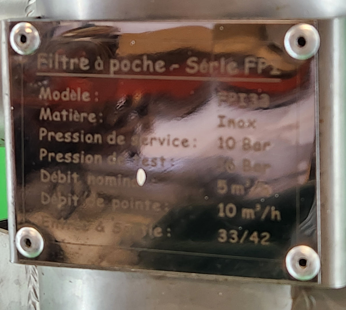 Filtre à poche inox 5 m³/h, 10 bar – série FP1 – avec panier, manomètre et support trépied – Bon état