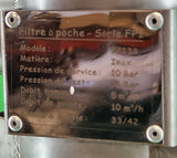 Filtre à poche inox 5 m³/h, 10 bar – série FP1 – avec panier, manomètre et support trépied – Bon état