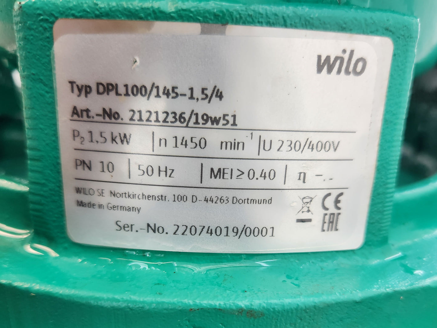 Pompe double en ligne Wilo VeroTwin DPL 100/145-1,5/4 – 1,5 kW – Très bon état
