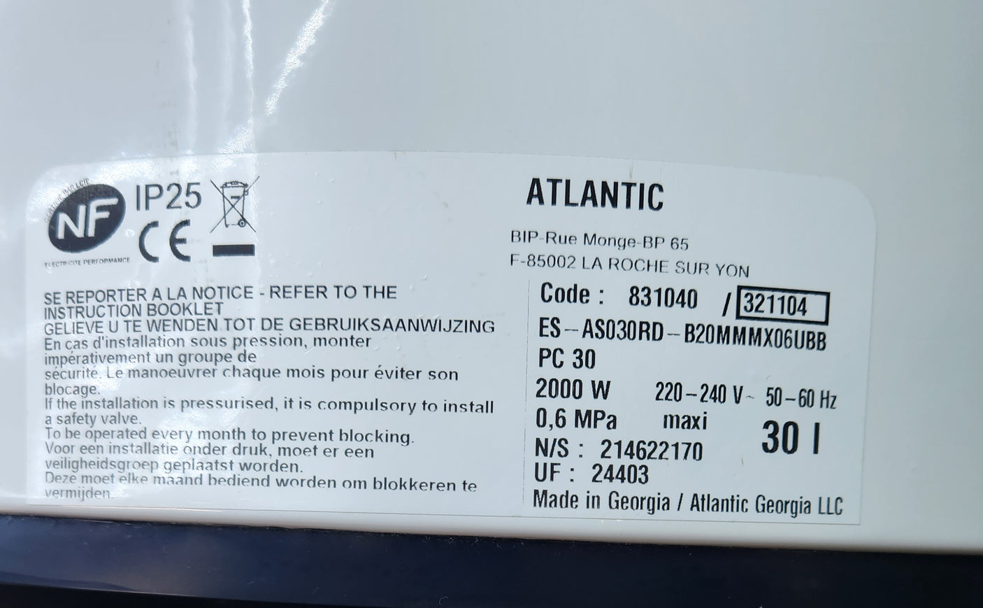 Chauffe-eau électrique Atlantic 30L – bon état