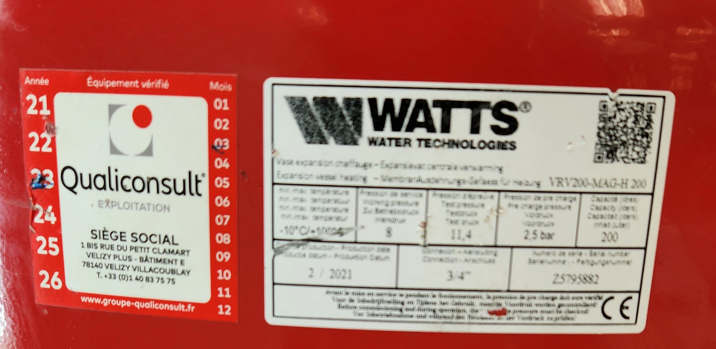 Vase d’expansion chauffage 200L WATTS – modèle VRV200