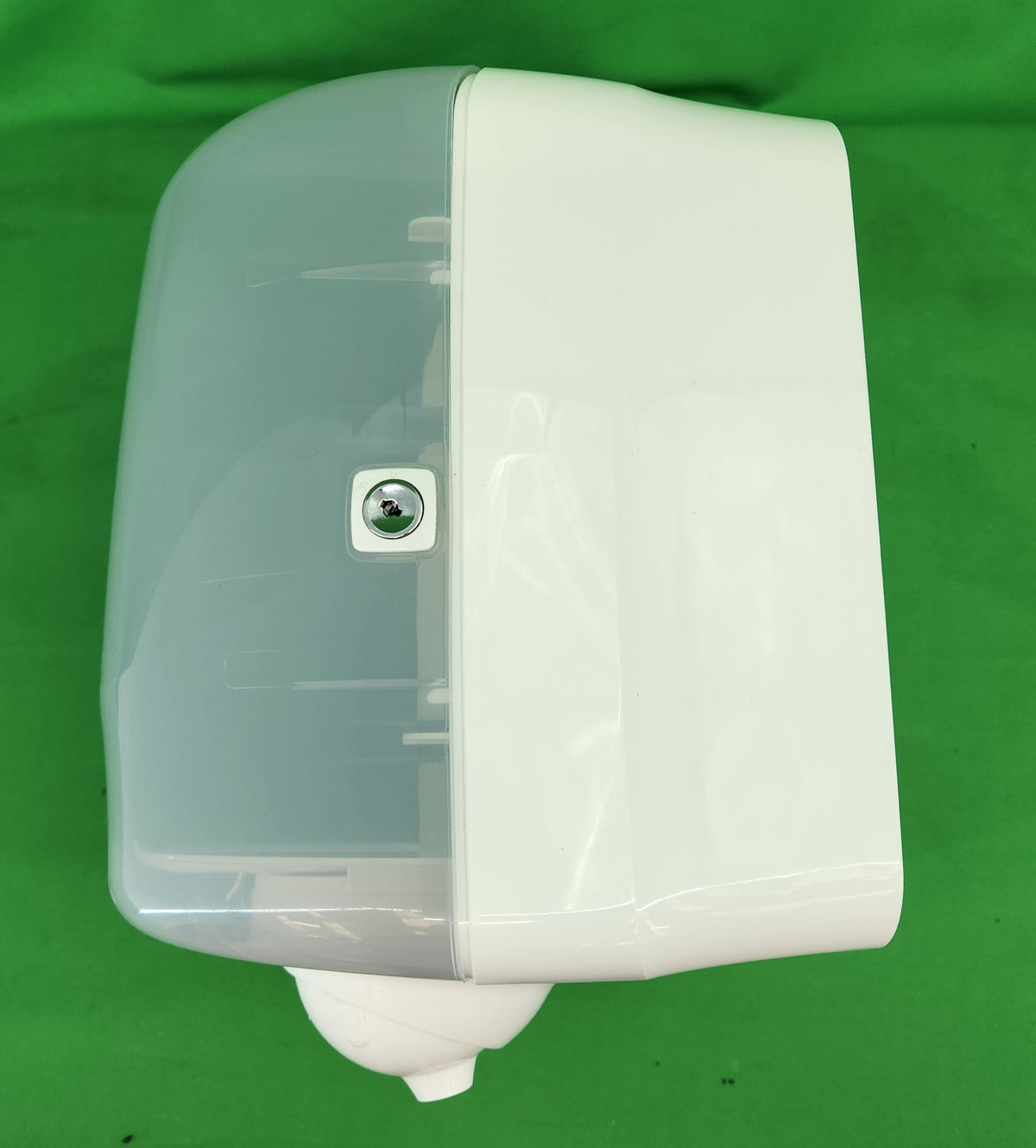 Distributeur papier à dévidage central – embout rotatif – blanc translucide – serrure – Bon état