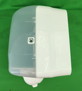 Distributeur papier à dévidage central – embout rotatif – blanc translucide – serrure – Bon état