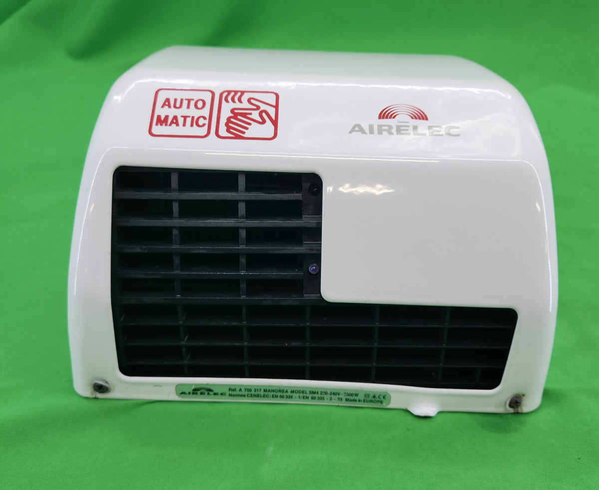 Sèche-mains automatique à air chaud 2 300 W – Airelec Mangrea – capot laqué blanc – Bon état