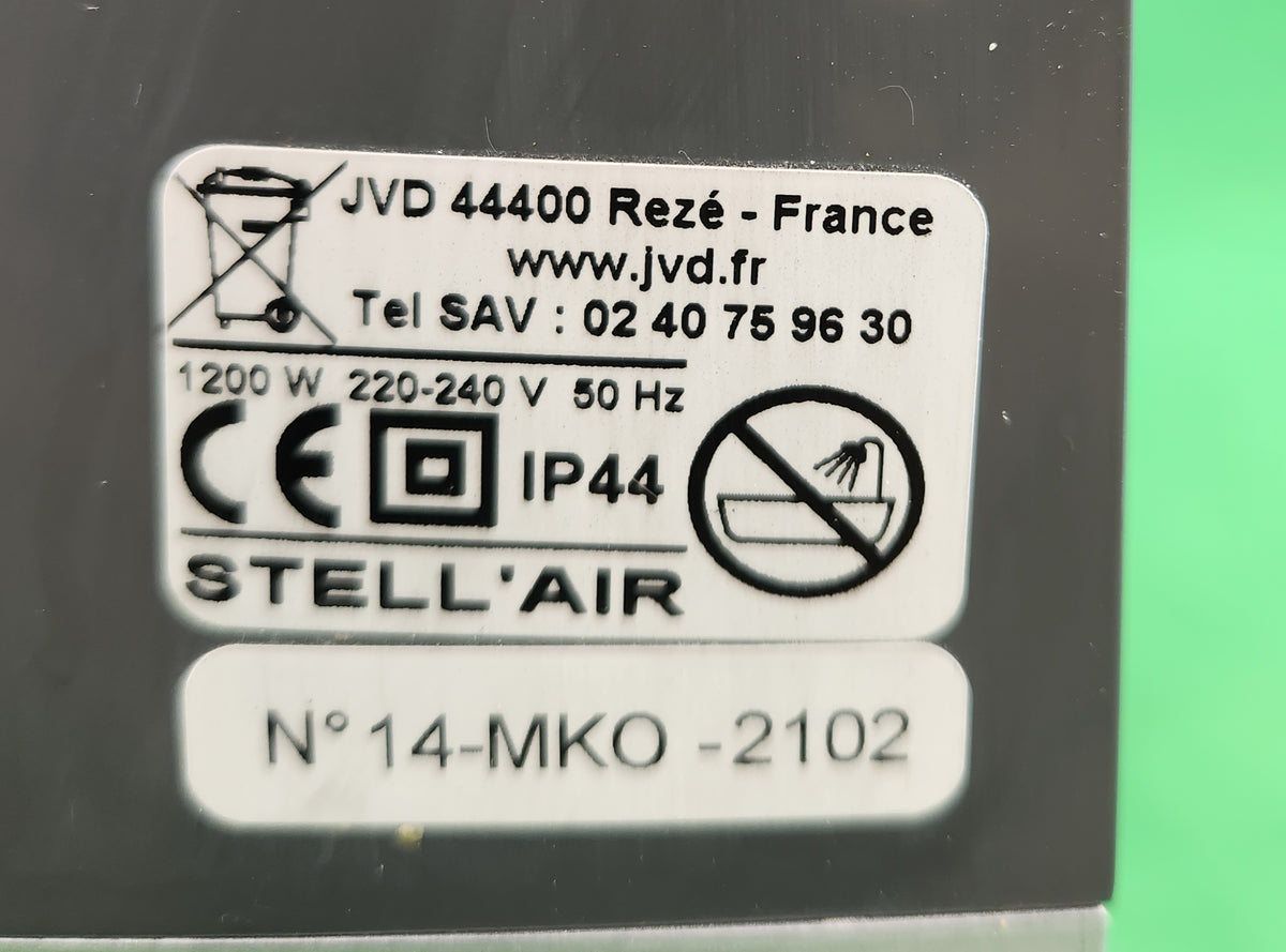 Sèche-mains à lame d’air, mains plongées, 1 200 W – JVD Stell’Air – IP44, fabrication française – Bon état
